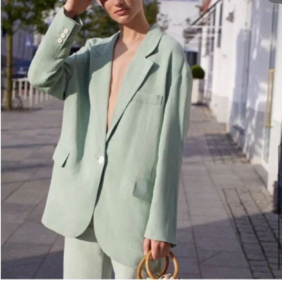 ZARA oversized Linen blend rustic Blazer suit jacket light Mint sage Green sz S - Picture 3 of 16